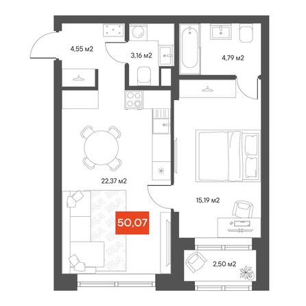 Планировка 1-комн 51,37 м²
