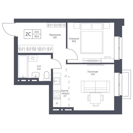 Планировка 1-комн 39,4, 39,7 м²