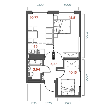 Планировка 2-комн 49,81, 49,98 м²