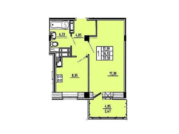 Планировка 1-комнатной квартиры 37,39 кв.м