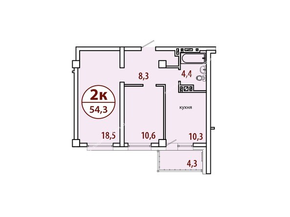 Секция №2. Планировка двухкомнатной квартиры 54,3 кв.м