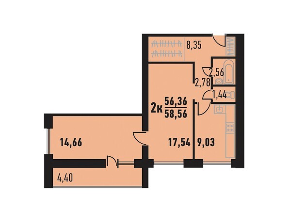 Планировка двухкомнатной квартиры 58,56 кв.м