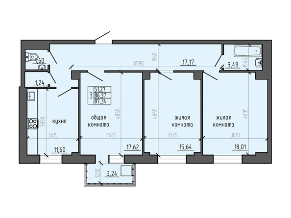Планировка трехкомнатной квартиры 87,34 кв.м