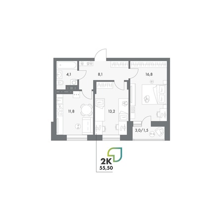 Планировка 2-комн 56,1 м²