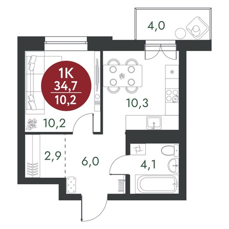 Планировка 1-комн 34,7, 35 м²