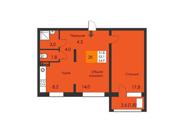 Планировка 2-комнатной квартиры 54,9 м2