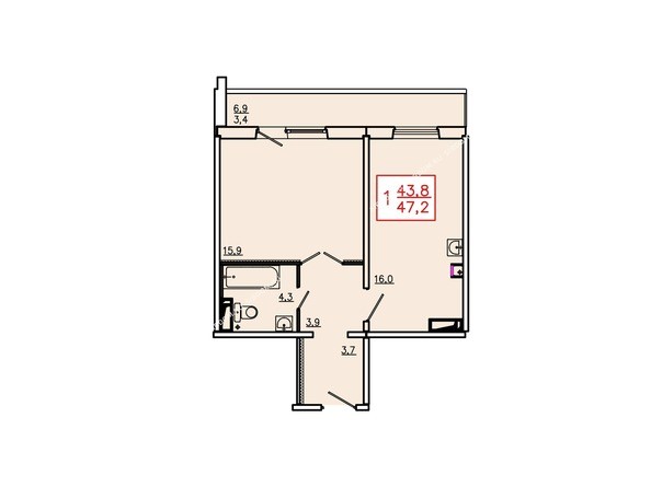 Планировка однокомнатной квартиры 47,2 кв.м
