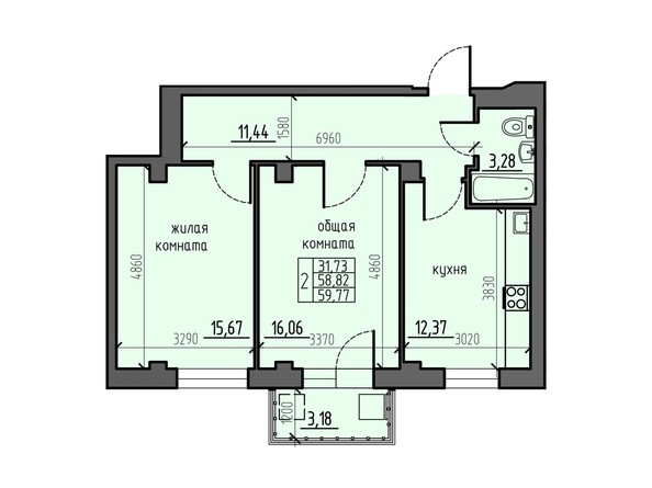 Планировка двухкомнатной квартиры 59,77 кв.м