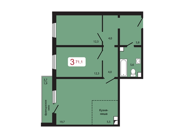 Планировка 3-комн 71,1 м²