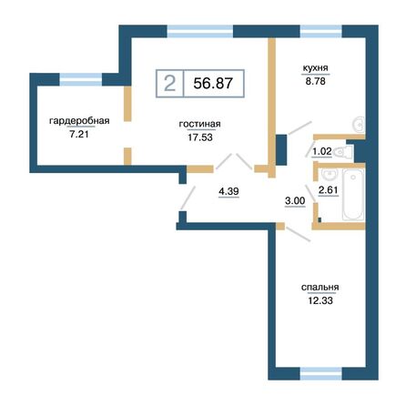 Планировка 2-комн 56,87 м²