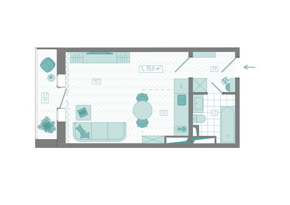 Планировка 1-комн 35 м²