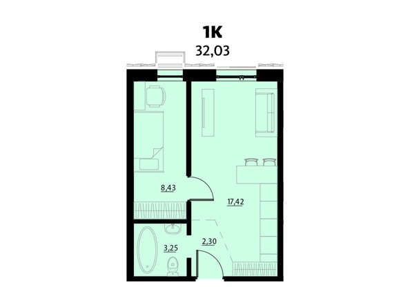 Планировка 1-комнатной 32,03 кв.м