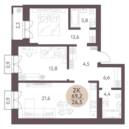 Планировка 2-комн 69,2 м²