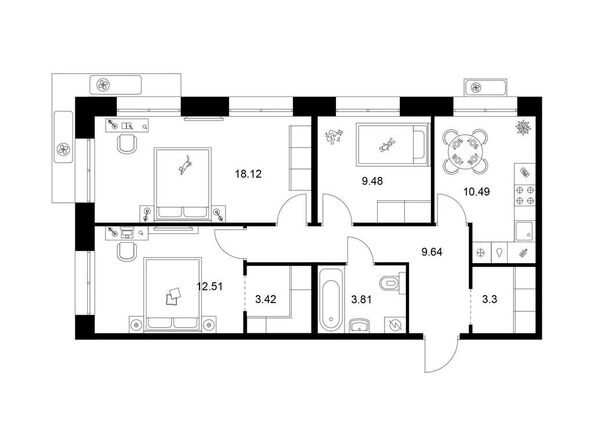 Планировка 3-комн 70,77 м²
