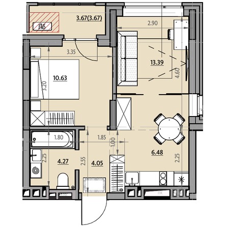 Планировка 2-комн 42,6 м²