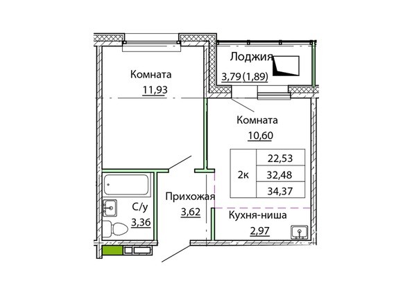 Планировка двухкомнатной квартиры 34,37 кв.м