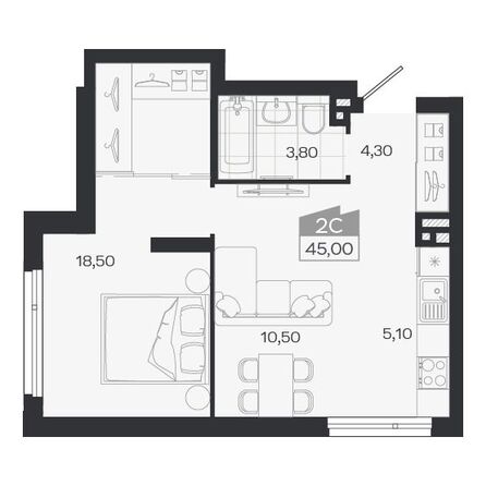 Планировка 2-комн 45 м²