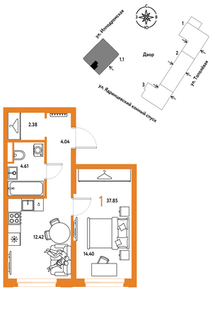 Планировка 1-комн 37,85 м²