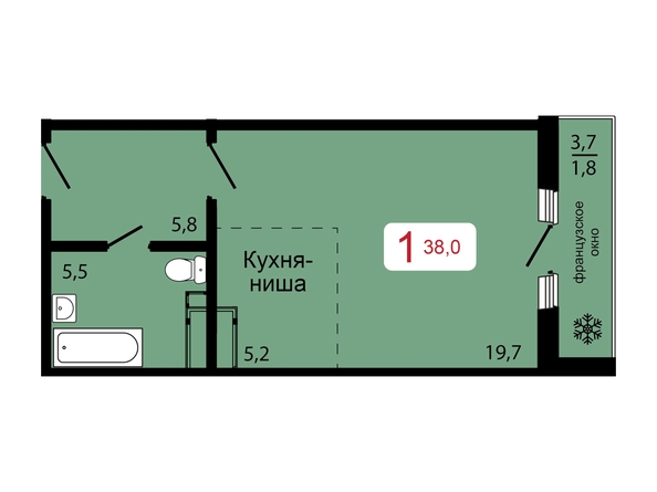 Планировка 1-комн 38, 38,7 м²