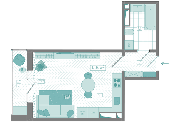 Планировка 1-комн 35,4 м²