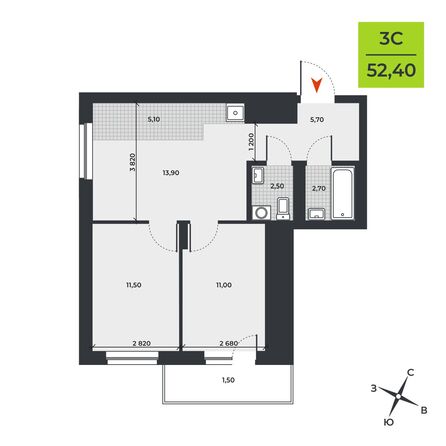 Планировка 3-комн 52,4 м²