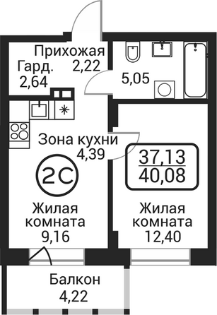 Планировка 2-комн 35,86 м²