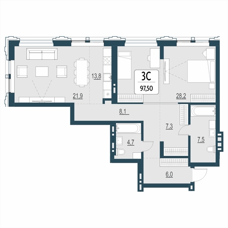 Планировка 3-комн 97,5 м²