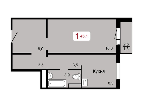 1-комнатная 45,1 кв.м