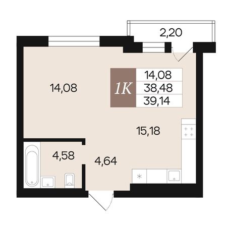Планировка 1-комн 39,14, 39,75 м²