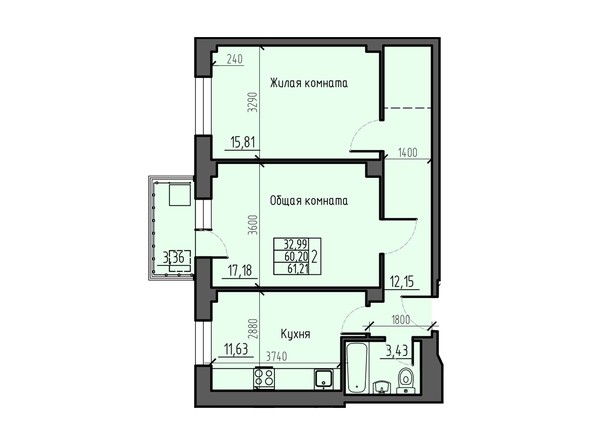 Планировка двухкомнатной квартиры 61,21 кв.м