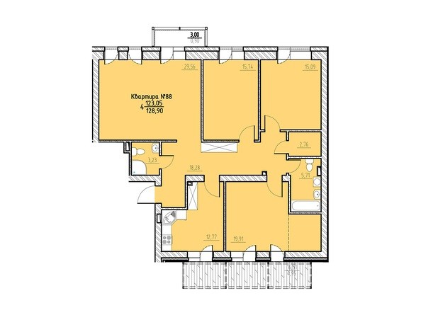 Планировка четырехкомнатной квартиры 128,90 кв.м