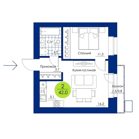 Планировка 2-комн 42 м²