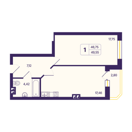 Планировка 1-комн 49,49, 49,55 м²