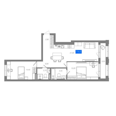 Планировка 2-комн 74,6 м²