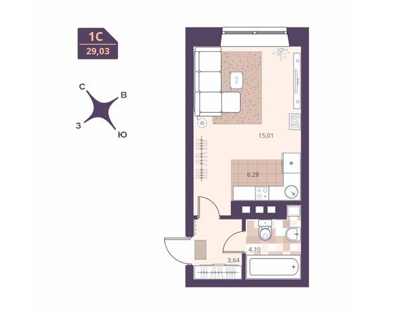 Планировка Студия 29,03, 29,64 м²