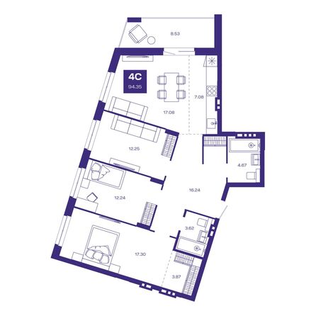 Планировка 4-комн 94,35 м²