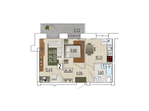 Планировка двухкомнатной квартиры 46,08 кв.м