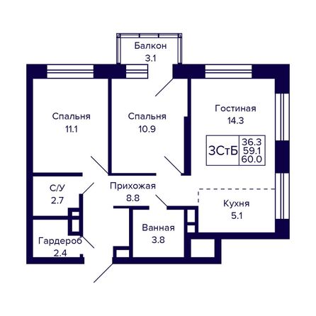 Планировка 3-комн 60 м²