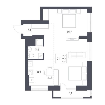 Планировка Студия 56,6, 56,9 м²