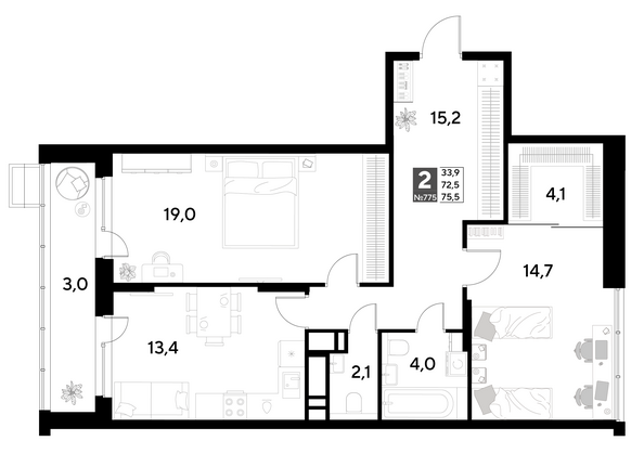 Планировка 2-комн 75,5 м²