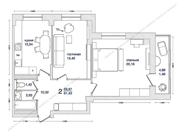 Планировка 2-комнатной квартиры 61,43 кв.м