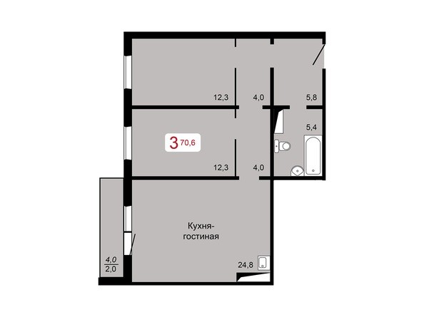 3-комнатная 70,6 кв.м