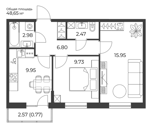 Планировка 2-комн 48,65 м²