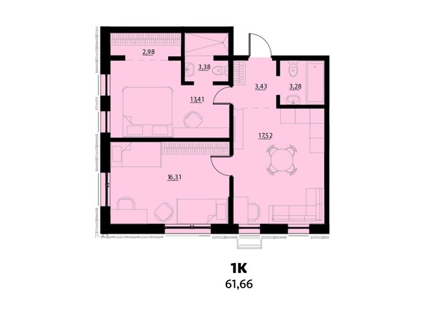 Планировка 1-комнатной 61,66 кв.м