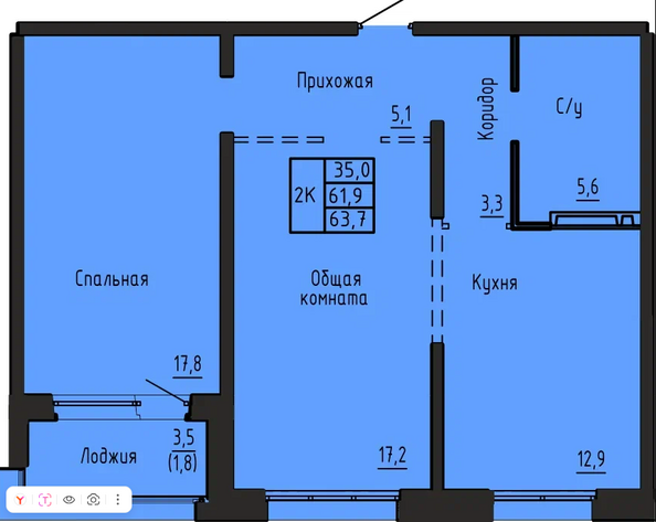 Планировка 2-комн 63,7 м²