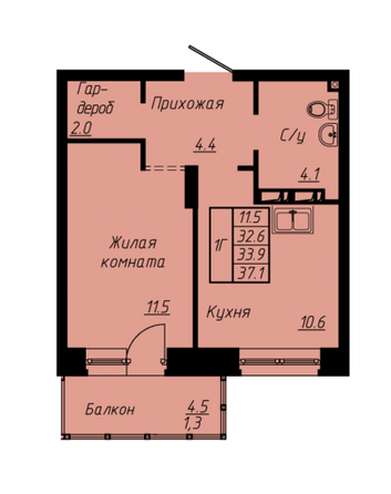 Планировка 1-комн 33,9 м²