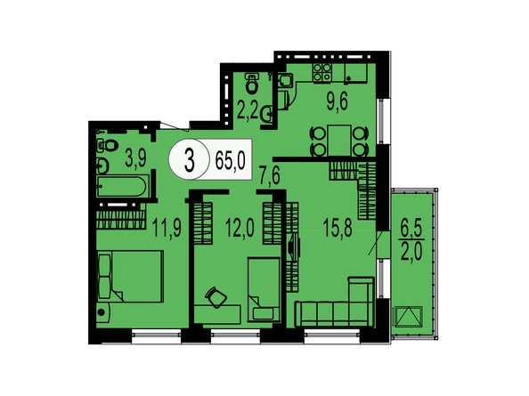 Планировка трехкомнатной квартиры 65,0 кв.м