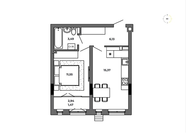 Планировка 1-комн 38,01 м²