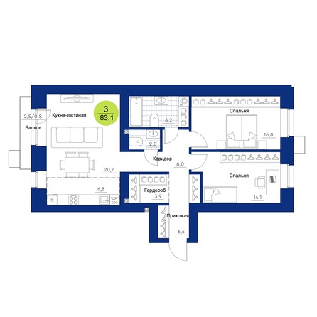 Планировка 3-комн 83,1 м²