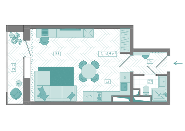Планировка 1-комн 31,9 м²